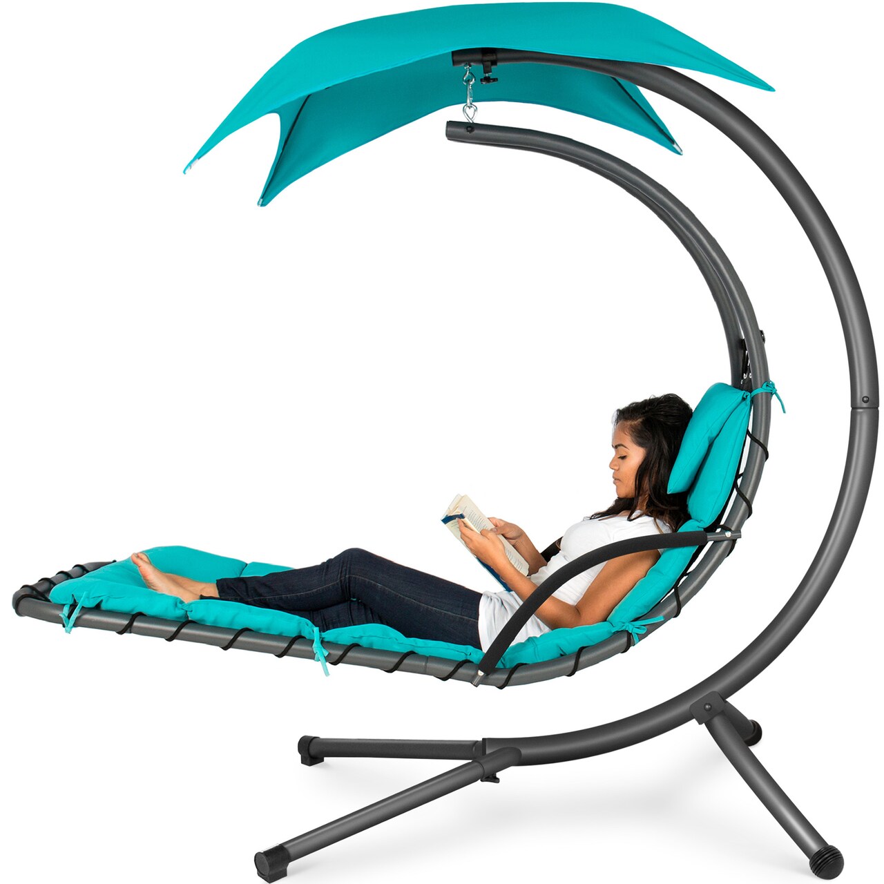 Best Choice Products Hanging Curved Chaise Lounge Chair Swing for Backyard, Patio w/ Pillow, Shade, Stand